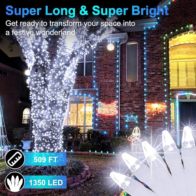 509FT Christmas Lights Outdoor 1350 LED Christmas Tree Decorations Lights with 8 Modes & Timer Memory, Plug In Clear Wire Waterproof LED Xmas Light for Yard Trees Wedding Party Holiday (Cool White)