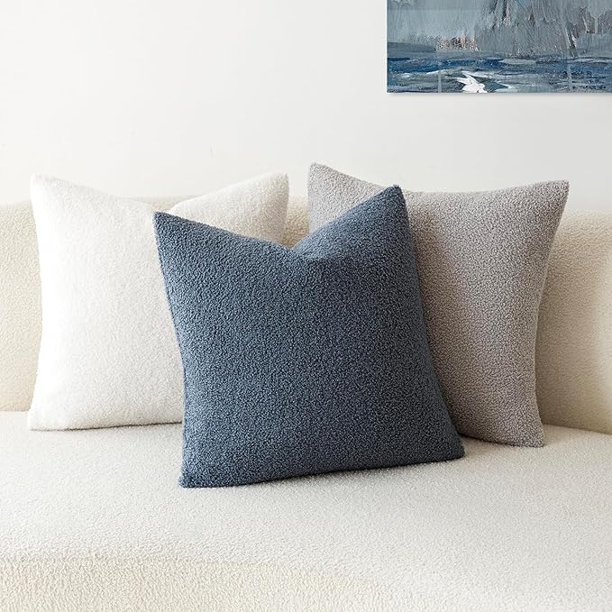 Foindtower Pack of 2, Curly Faux Fur Decorative Throw Pillow Covers Soft Neutral Plush Cushion Case with Zipper Cozy Modern Pillowcase for Home Living Room Couch Bed Sofa 20 x 20 Inch, Blue