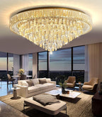 Modern Crystal Large Chandeliers LED Dimmable Flush Mount Ceiling Chandeliers for Living Room High Ceiling Entrance Foyer Bedroom
