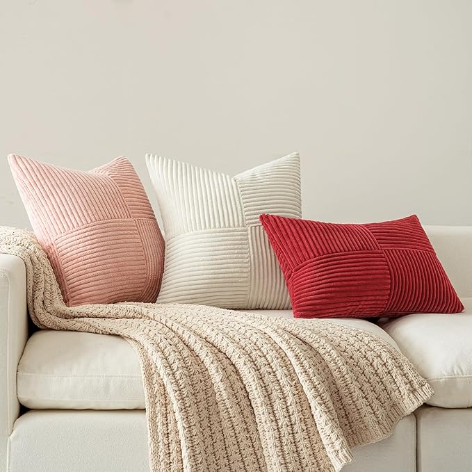 MIULEE Beige Corduroy Pillow Covers Pack of 2 Boho Decorative Spliced Throw Pillow Covers Soft Solid Couch Pillowcases Cross Patchwork Textured Cushion Covers for Living Room Bed Sofa 14x24 inch