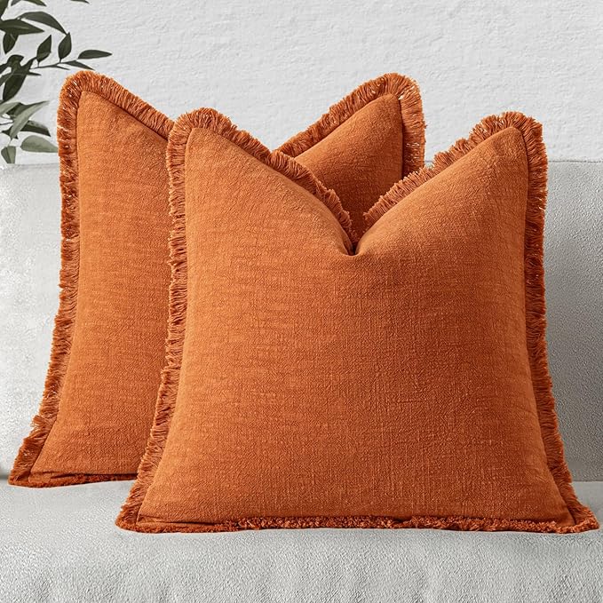 MIULEE Fall Decorative Throw Pillow Covers Neutral Linen Fringe Throw Pillows Set of 2 Orange Boho Farmhouse Cushion Covers with Tassels for Couch Sofa Bed Living Room Spring Home Decor 18x18 Inch