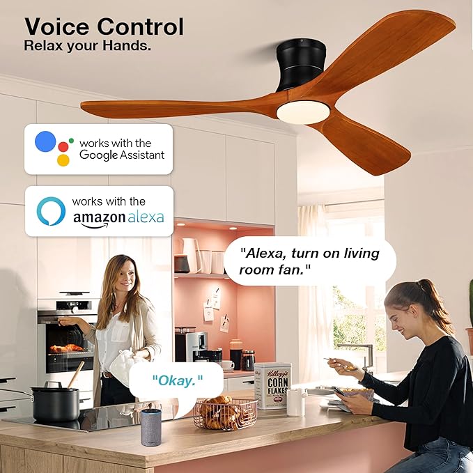 Smart 52” Wood Flush Mount Ceiling Fans with Lights Remote,Quiet DC Motor,Outdoor Indoor Low Profile Ceiling Fan,Voice Contorl with WIFI Alexa App Control,Modern fan for Bedroom Patio
