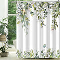 Eucalyptus Shower Curtain, Sage Green Watercolor Leaves with Floral Botanical Bathroom Decor, Waterproof Fabric Bath Curtain Set with Hooks, 72x84 Inches