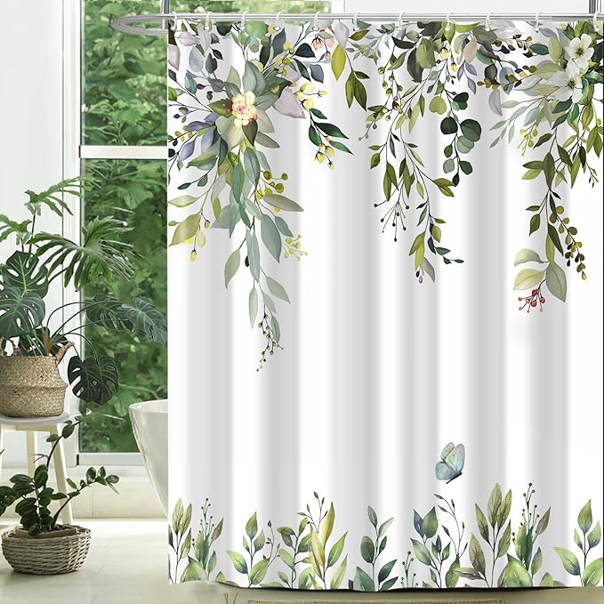 Eucalyptus Shower Curtain, Sage Green Watercolor Leaves with Floral Botanical Bathroom Decor, Waterproof Fabric Bath Curtain Set with Hooks, 72x84 Inches
