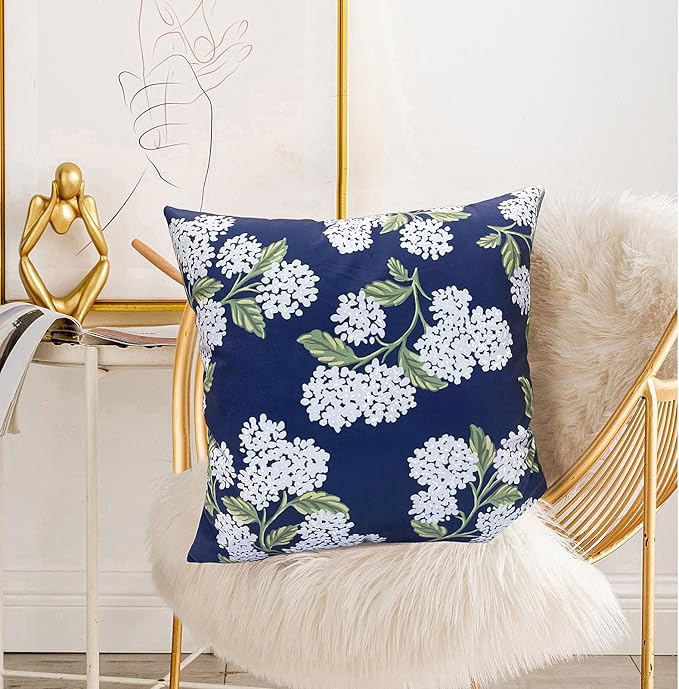 Decorative Throw Pillow Covers Set of 2 Blue Hydrangea Pillow Covers 20x20 inch Super Soft Short Plush Square Floral Throw Pillows,Farmhouse Outdoor Pillow Covers for Couch Living Room