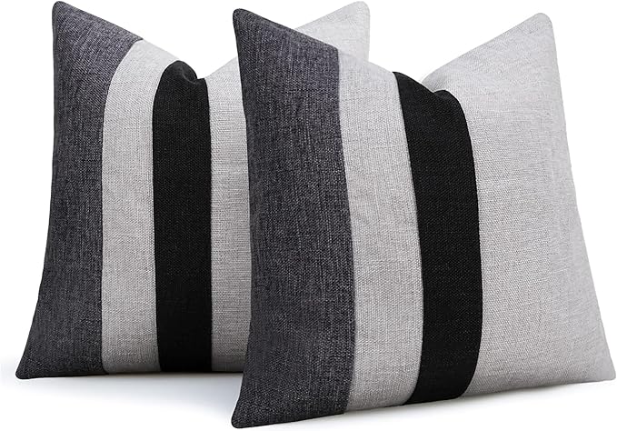 Adabana Set of 2 Linen Pillow Covers Decor Square Patchwork Throw Pillow Covers 18x18 Inch Farmhouse Cushion Covers Decorative Couch Bedroom Sofa Living Room,Grey