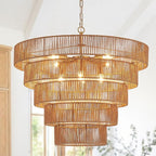 25.6" Large Rattan Chandelier Vintage Farmhouse 8-Lights Boho Hand-Woven Bamboo Chandeliers Light Fixture Drum Wicker Rattan Golden Chandelier for Dining Room, Kitchen, Living Room, Bedroom