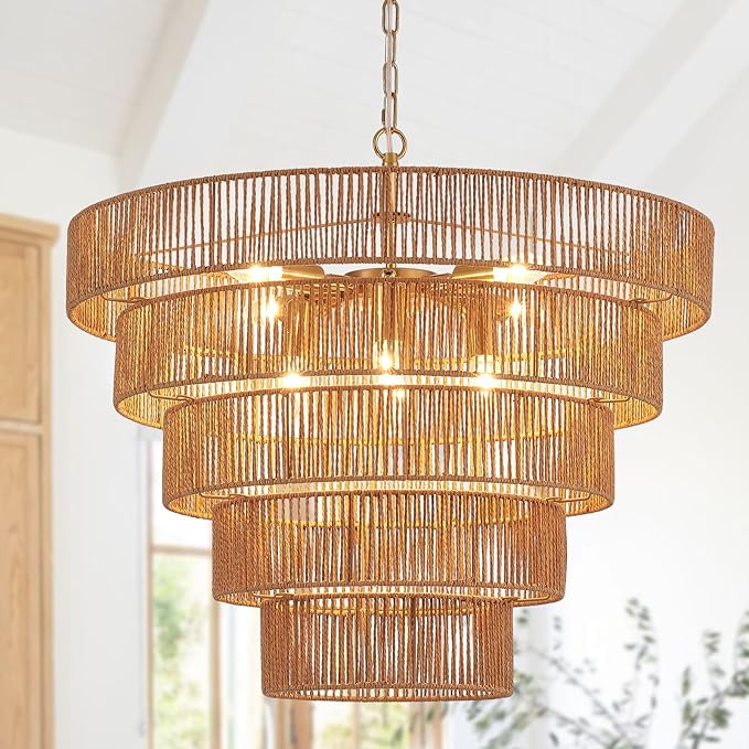 25.6" Large Rattan Chandelier Vintage Farmhouse 8-Lights Boho Hand-Woven Bamboo Chandeliers Light Fixture Drum Wicker Rattan Golden Chandelier for Dining Room, Kitchen, Living Room, Bedroom