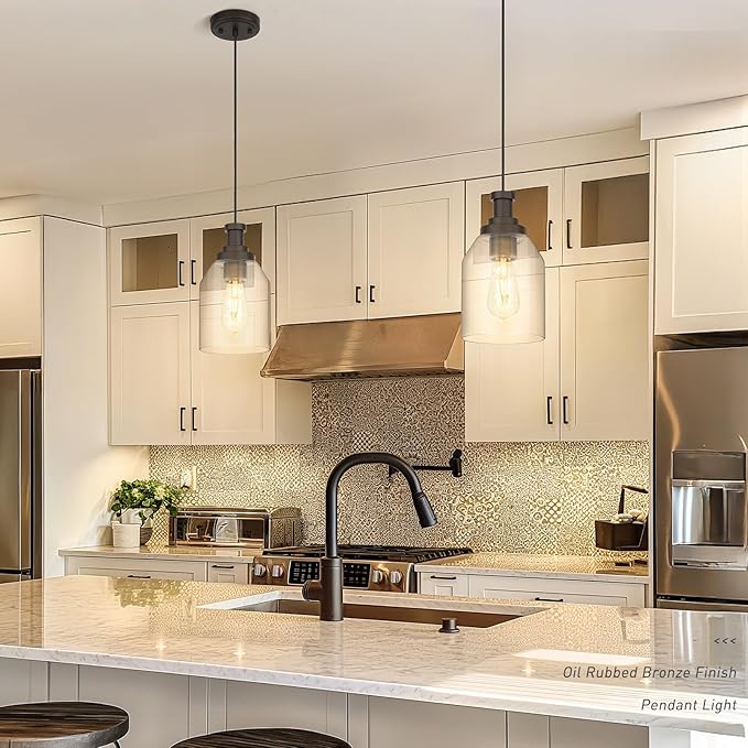 zeyu 2 Pack Farmhouse Hanging Pendant Lights Kitchen, Large Kitchen Pendant Lighting Over Island, Clear Glass Shade, Oil Rubbed Bronze Finish, ZG33M1L-2L ORB