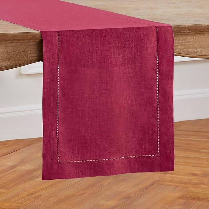 Solino Home Linen Table Runner 48 Inches - 100% Pure Linen Beet Hemstitch Table Runner 14 x 48 Inch Ideal for Dresser and Coffee Tables - Fall, Autumn, Thanksgiving, Holiday - Classic Hemstitch