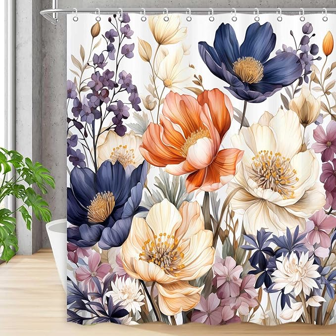Boho Floral Shower Curtain, Elegant Flower Shower Curtains for Bathroom, Modern Colorful Chic Bathroom Decor Washable Durable Fabric Set with Hooks 72x72 Inch