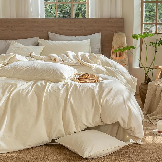 MooMee Wavy Striped Duvet Cover Set 100% Washed Cotton Linen Like Textured Breathable Durable Soft Comfy (Cream White, Super Queen 90"x98")