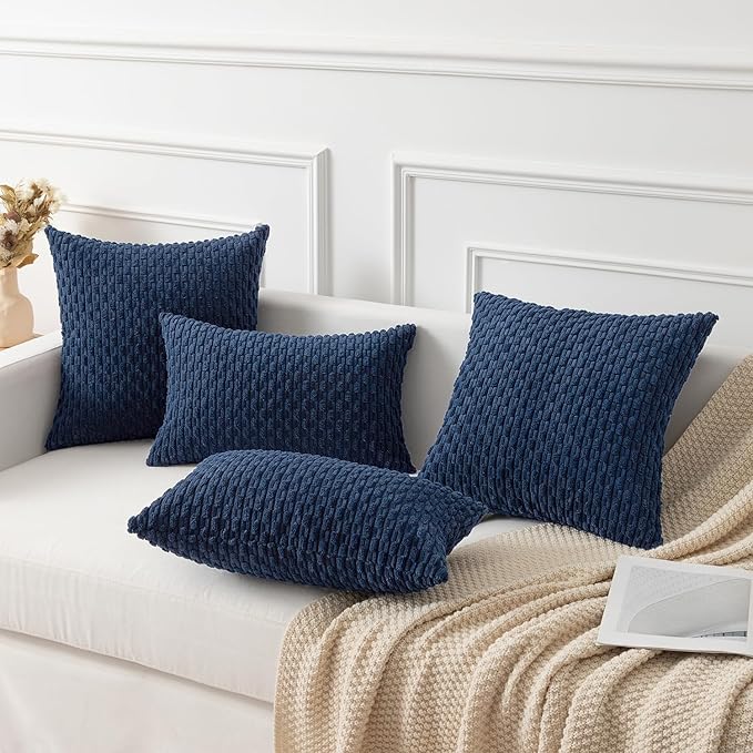 Kevin Textile Set of 2 Decorative Pillow Cover Solid Striped Corduroy Plush Velvet Cushion Cover for Couch 50cm 20 x 20 Inch Navy Blue