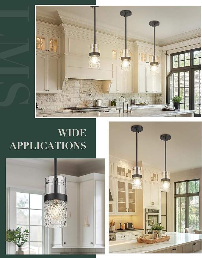 LMS Glass Pendant Lights Kitchen Island, 1-Light Modern Black Pendant Light with Hammered Glass and Rods, Mini Hanging Lighting for Kitchen Island Sink Bathroom Bedroom, LMS-172