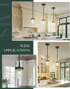 LMS Glass Pendant Lights Kitchen Island, 1-Light Modern Black Pendant Light with Hammered Glass and Rods, Mini Hanging Lighting for Kitchen Island Sink Bathroom Bedroom, LMS-172
