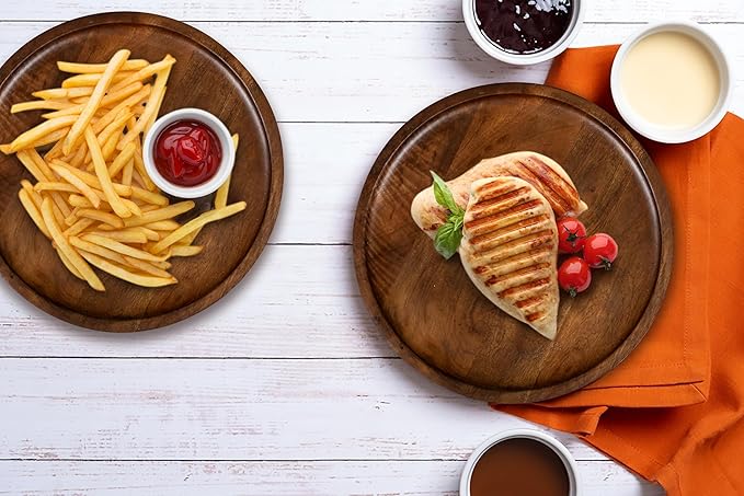 CLEENTABLE 2 Pack Wooden Charger Plates - 12" Rustic Wood Serving Platter - Round Dinner Plates, Decorative Tableware, Farmhouse Table Decor, Rustic Kitchen Plates, Wedding, Party, Events (Walnut)