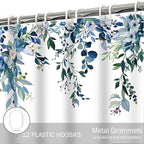 Eucalyptus Shower Curtain, Dark Blue Watercolor Leaves with Floral Botanical Bathroom Decor, Waterproof Fabric Bath Curtain Set with Hooks, 72x72 Inches