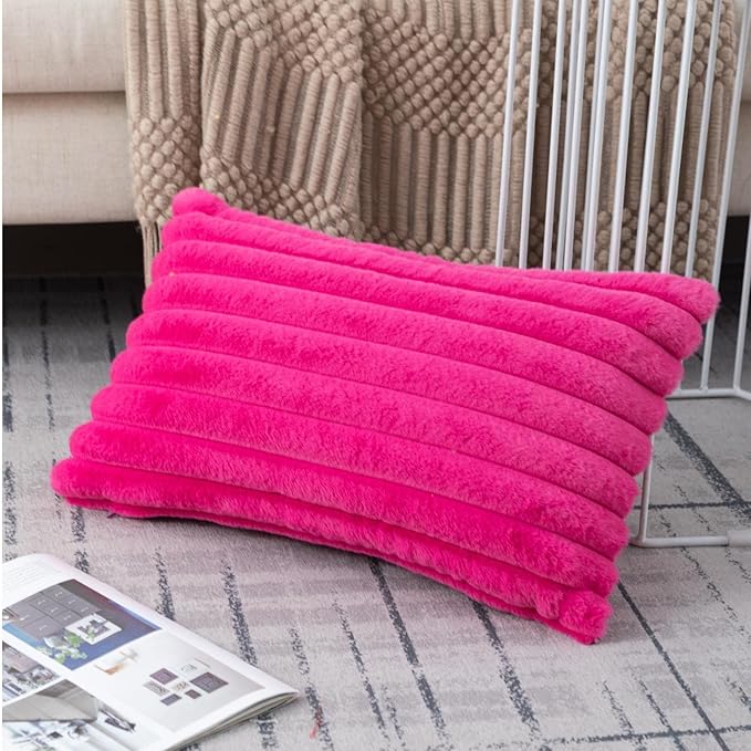ZLINA Set of 2 Cream White Faux Fur Decorative Throw Pillow Covers Fluffy Striped Pillowcase Cushion Covers 12 x 20 Inch Decor Sofa Couch Bedroom