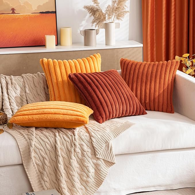 MIULEE Fall Faux Fur Large Decorative Throw Pillow Covers 24x24 Inch Set of 2, Retro Vintage Boho Home Decor Soft Plush Couch Pillows Cozy Fluffy Cushion Covers for Sofa Bed Rust
