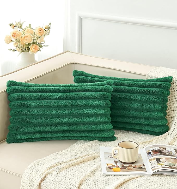 Pack of 2 Christmas Green Pillow Covers 12x20 Inch Decorative Faux Fur Emerald Throw Pillow Cover, Soft Lumbar Plush Pillowcases for Couch Sofa Bed Living Room, Fluffy Cute Home Boho Decor