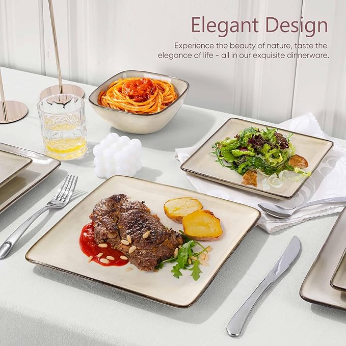 Herogo Stoneware Plates and Bowls Sets for 4, 12 Pieces Modern Square Dinnerware, Reactive Glaze Dishes Set for Kitchen, Chip Resistant, Microwave & Dishwasher Safe, Cream Khaki