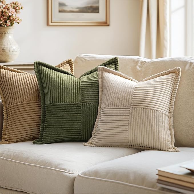 MIULEE Decorative Throw Pillow Covers for Couch Bed Livingroom 16x16 Inch Set of 2 Beige Boho Accent Throw Pllows Broadside Striped Patchwork Soft Corduroy Pillowcases