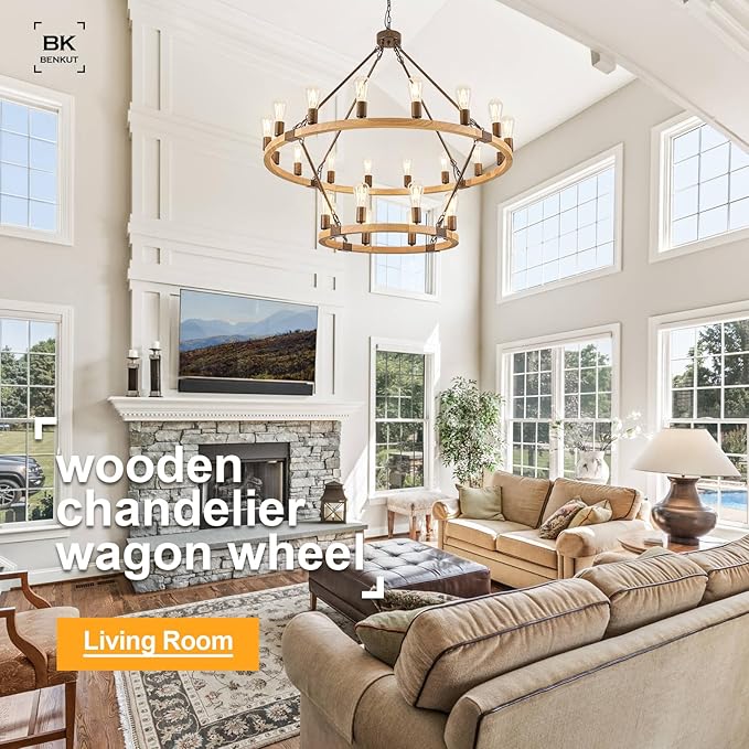 Farmhouse Wagon Wheel Chandelier 43" Wooden Rustic Chandelier 24-Light 2 Tier Extra Large Pendant Light Fixture Round Chandeliers for High Ceiling Foyer Living Room Porch