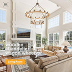 Farmhouse Wagon Wheel Chandelier 43" Wooden Rustic Chandelier 24-Light 2 Tier Extra Large Pendant Light Fixture Round Chandeliers for High Ceiling Foyer Living Room Porch