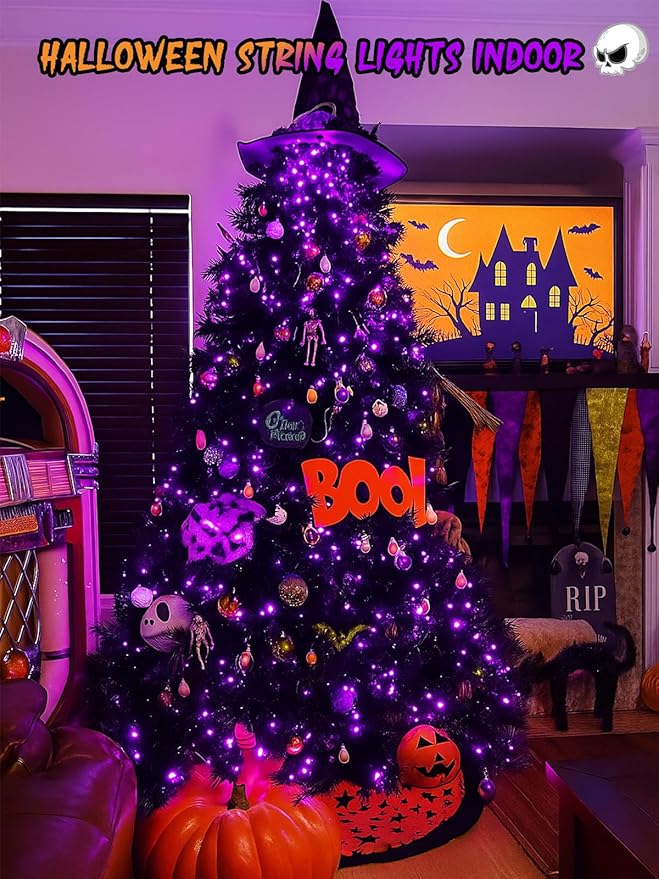2-Pack 200 LED Extendable Halloween Lights, 66FT Purple Halloween Decorations String Lights Outdoor Indoor Tree Lights, 13 Modes Plug in Mini Fairy Lights Waterproof with Timer and Memory Function