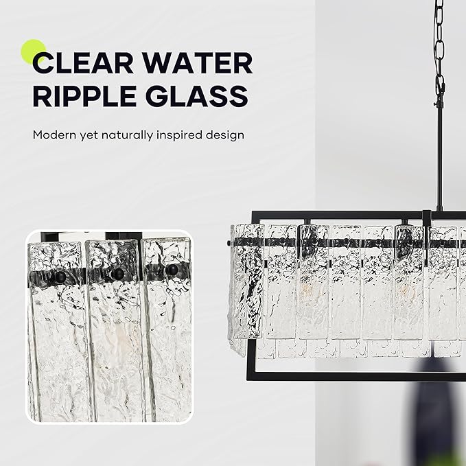 Modern Rectangle Black Crystal Chandeliers for Dining Room, 6 Lights 44" Large Rectangular Water Ripple Glass Kitchen Island Light Fixture, Linear Farmhouse Pendant Light Fixture Over Table