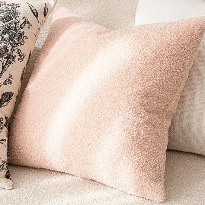 Foindtower Pack of 2, Curly Faux Fur Decorative Throw Pillow Covers Soft Fuzzy Plush Cushion Case with Zipper Cozy Pillowcase for Home Living Room Couch Bed Sofa 22 x 22 Inch, Light Pink