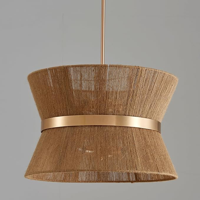 Shrine Lighting French Gold Boho Chandelier, Modern Design, Boho Drum Pendant Light for Dining Room, D18'' x H12'', Adjustable 47'', E12*8 Sockets, Jute Rope Lampshade&French Gold Finish Frame