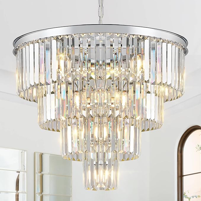 Modern Chrome Crystal Chandeliers 24” Luxury Chandeliers 4-Tier 12 Lights K9 Crystal Round Ceiling Pendant Light Fixture Contemporary for Living Dining Room Foyer Staircase Bedroom
