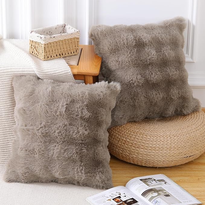 MADIZZ Pack of 2 Thick Plush Wool Throw Pillow Covers 24x24 Inch Taupe Soft Neutral Decorative Throw Pillows Accent Boho Cushion Covers for Couch Sofa Bedroom Pillow Shell