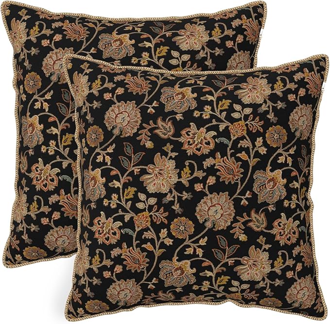 Vintage Tapestry Floral Soft Velvet Throw Pillow Covers Set of 2 Black Brown Bohemian Boho Carpet Flowers Decorative Pillow Covers 18x18 Inch Rustic Retro Rug Pillow Case For Sofa Couch Home Decor