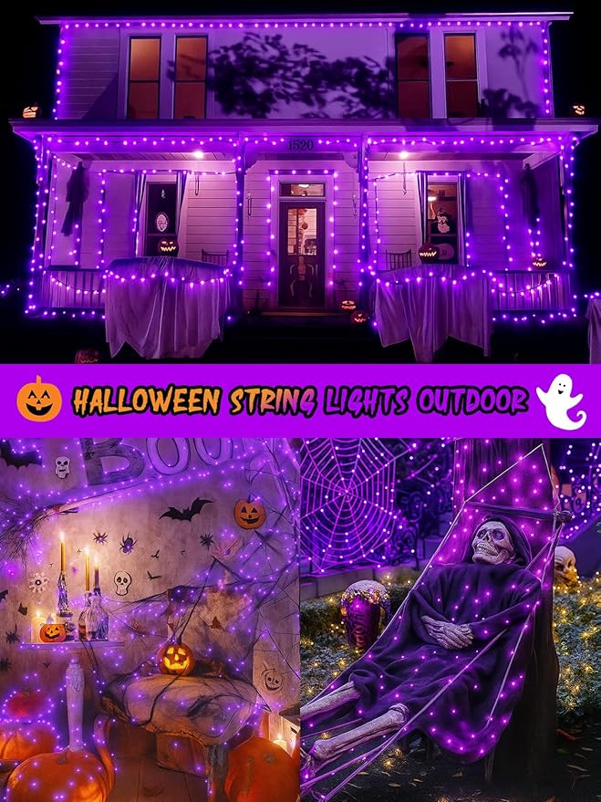 2-Pack 200 LED Extendable Halloween Lights, 66FT Purple Halloween Decorations String Lights Outdoor Indoor Tree Lights, 13 Modes Plug in Mini Fairy Lights Waterproof with Timer and Memory Function