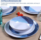 Melamine Plates and Bowls Set - 12pcs Dinnerware Dishes Set for 4, Dinner Plates for Indoor and Outdoor Use, Lightweight Break-resistant, Blue & White
