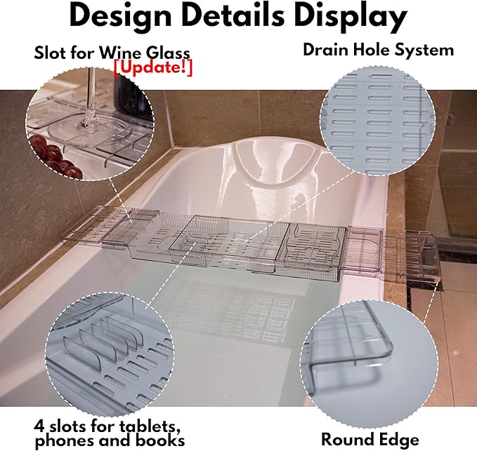 (Extended Edition) Expandable Bathtub Tray for Tub, Clear & Easy Maintenance Acrylic Bath Organizer for Relaxing Spa, Bath Tub Caddy Tray Fits Most Bathtubs and Bathroom Décor Style