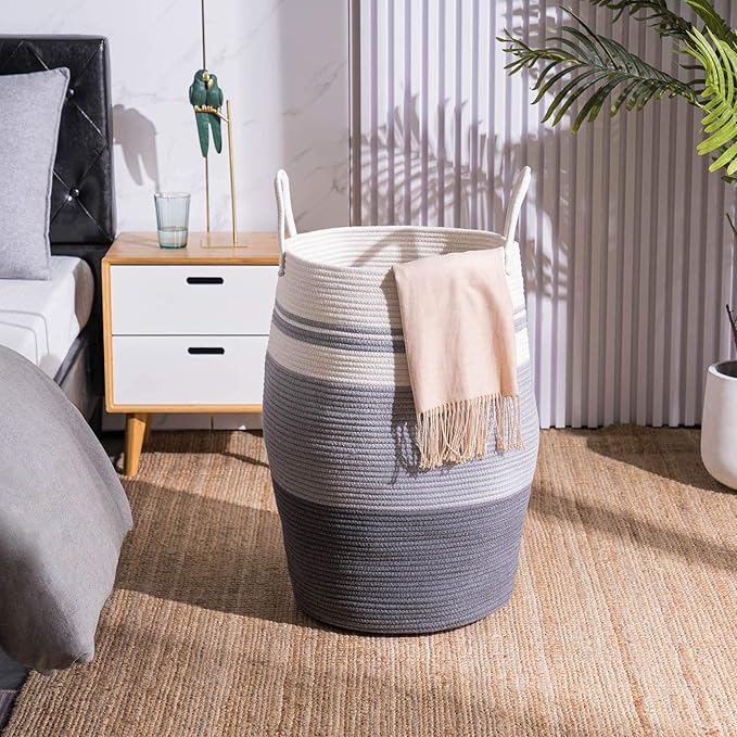 YOUDENOVA 105L Extra Large Woven Laundry Hamper Basket with Heavy Duty Cotton Rope Handles for Clothes and Toys in Bedroom, Nursery Room, Bathroom, Collapsible, Dark Grey