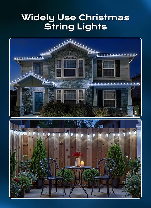 Minetom C9 Christmas Lights Outdoor, 100 FT 150 LED Connectable C9 String Lights with 8 Modes and Timer Extendable Xmas Tree Patio Roofline Garden Yard Holiday Party Indoor Outdoor Decoration, White
