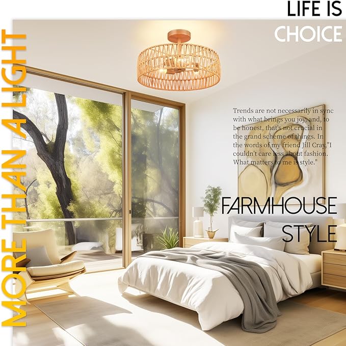 Hamilyeah Boho Flush Mount Ceiling Light Fixture with Rattan Shade, 16 inch Gold Light Fixture Ceiling Mount for Living Room, Bedroom, Kitchen