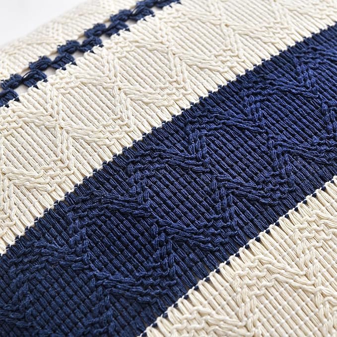 Fancy Homi Set of 1 Navy Blue Lumbar Decorative Throw Pillow Covers 14x24 Inch for Couch Bed Sofa Living Room, Aesthetic Modern Organic Farmhouse Home Decor, Soft Cotton Woven Textured Cushion Case