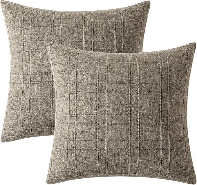 MIULEE Decorative Linen Check Throw Pillow Covers Neutral Farmhouse Vintage Pillow Covers 20x20 Set of 2 Boho Modern Winter Home Decor for Sofa Couch Bedroom Cushion Tan Taupe