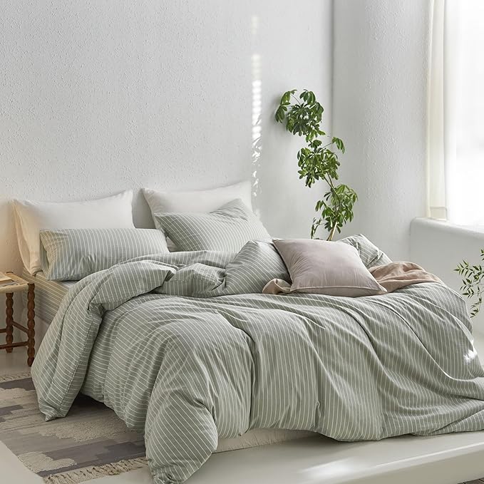 MooMee Striped Duvet Cover Set 100% Washed Cotton Linen Like Textured Breathable Durable Soft Comfy (Sage Green White Wide Stripes, Alaska King 132"x120")