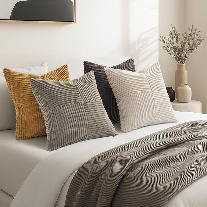 Topfinel Gold Brown Vintage Throw Pillow Covers Set of 4,Rustic Warm Velvet Gold Brown Cushion Covers with Corduroy,Soft Accent Pillowcases for Couch,Bed,Living Room Home Decor 22×22 Inch