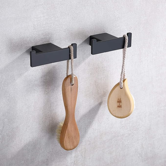 TASTOS Bathroom Hooks Matte Black, SUS304 Stainless Steel Bath Towel Hook Robe Coat Double Hook Holder, 2Pack