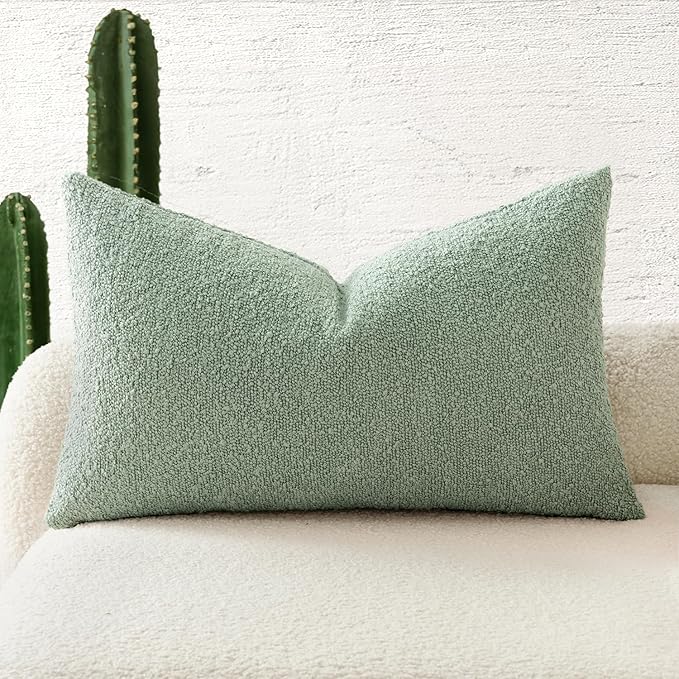 MIULEE Textured Boucle Throw Pillow Cover Greyish Green Accent Solid Lumbar Spring Pillow Case Decorative Soft Pack of 1 Couch Cushion Chair Sofa Bedroom Livingroom Home Decor,12x20 Inch
