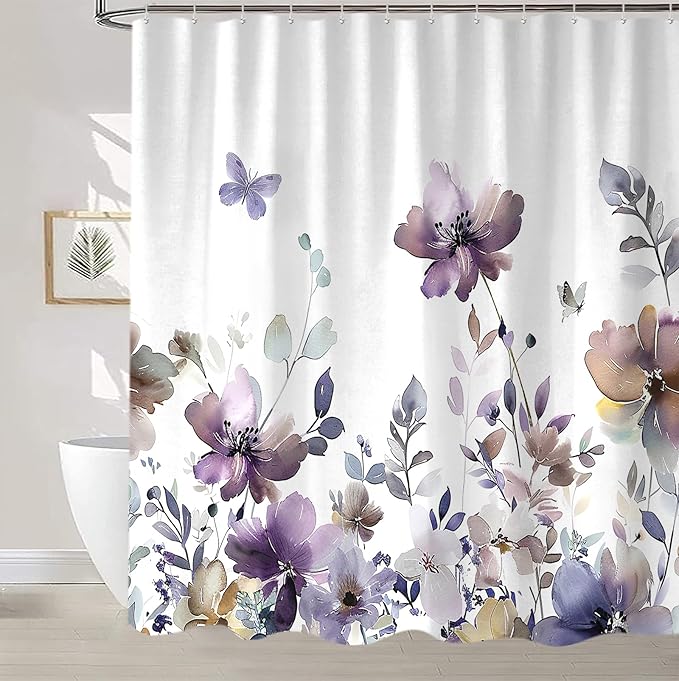 Sanzugh Purple Floral Shower Curtain, Cute Boho Watercolor Flower Wildflower Leaves Butterfly White Fabric Shower Curtains Set for Bathroom Decorative with Hooks 72 X 72 inch Spring Bath Decor