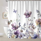 Sanzugh Purple Floral Shower Curtain, Cute Boho Watercolor Flower Wildflower Leaves Butterfly White Fabric Shower Curtains Set for Bathroom Decorative with Hooks 72 X 72 inch Spring Bath Decor