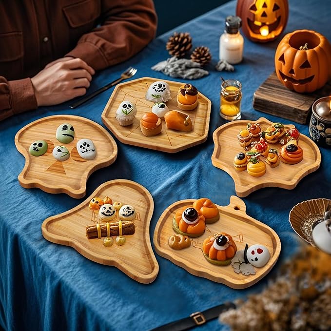 TJ POP Halloween Skull Serving Platter - 10” x 9” Skull Shaped Bamboo Serving Tray, Cute Wooden Charcuterie Board, Spooky Halloween Snack Dessert Candy Dish Plate for Party, Kitchen, Dining Decor